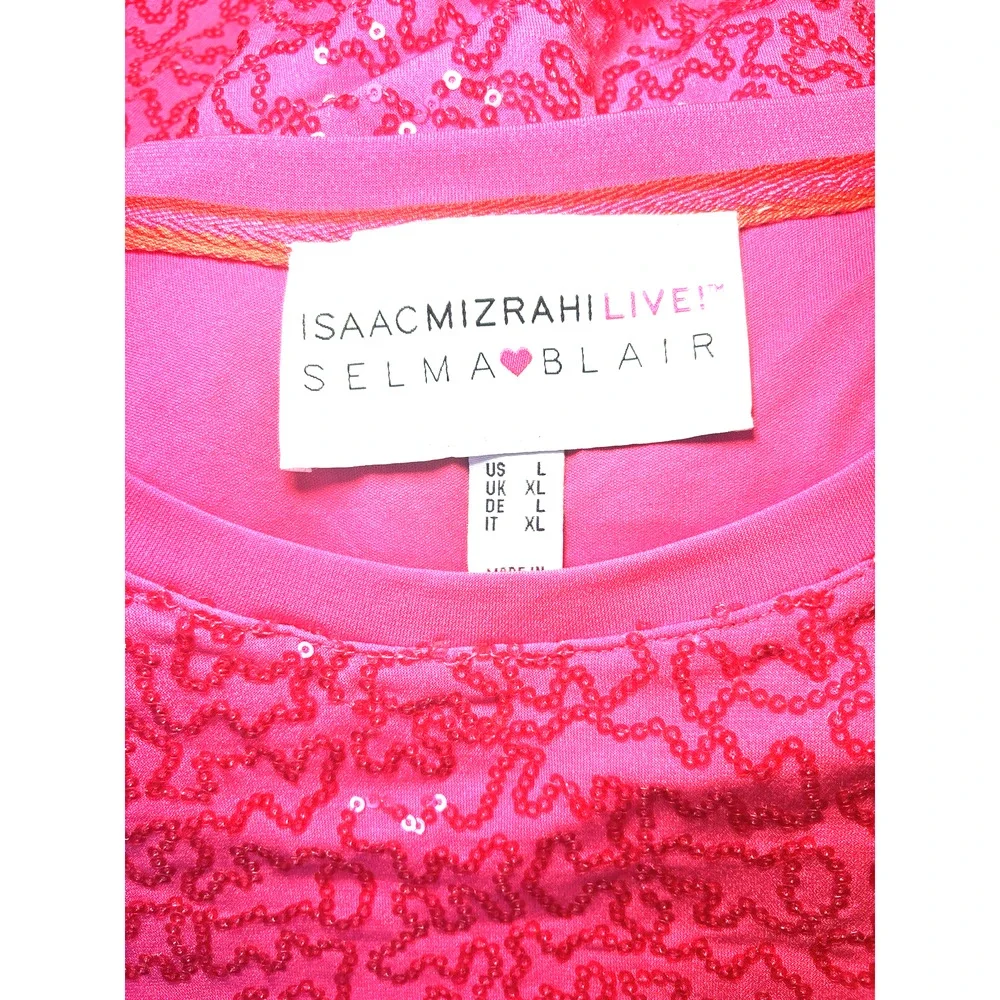 Isaac Mizrahi Live! Sequin Short Sleeve Hot Pink NWOT SZ L Holiday Resort Cruise - Picture 3 of 6